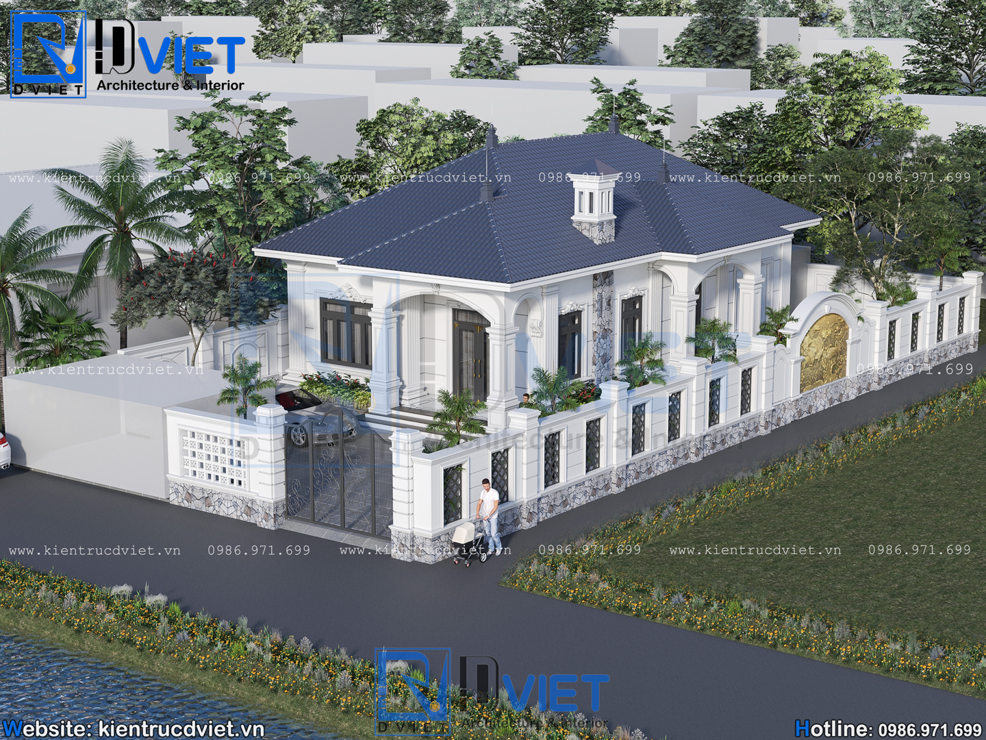 Thiết kế biệt thự tân cổ điển 1 tầng mái Nhật 8,5x16m 2 phòng ngủ tại Quỳnh An, Hưng Yên